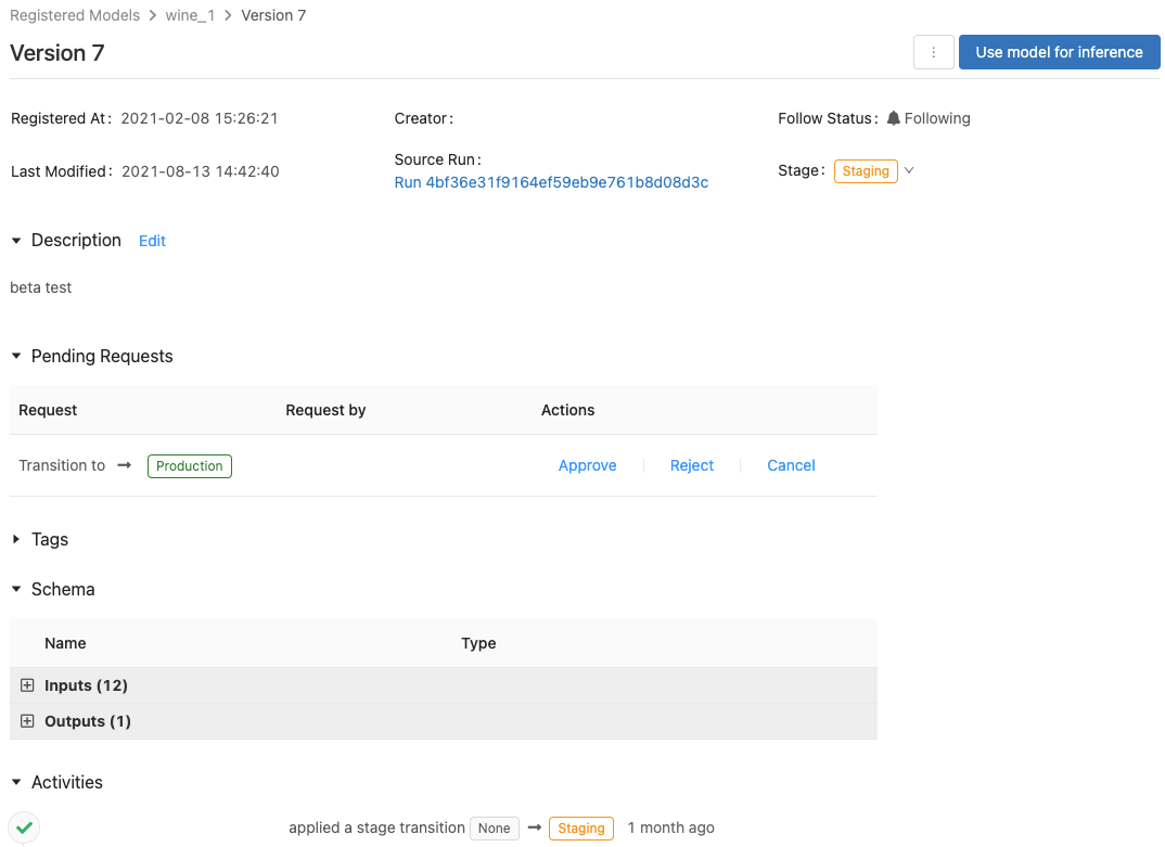 MLflow 2.x model version page