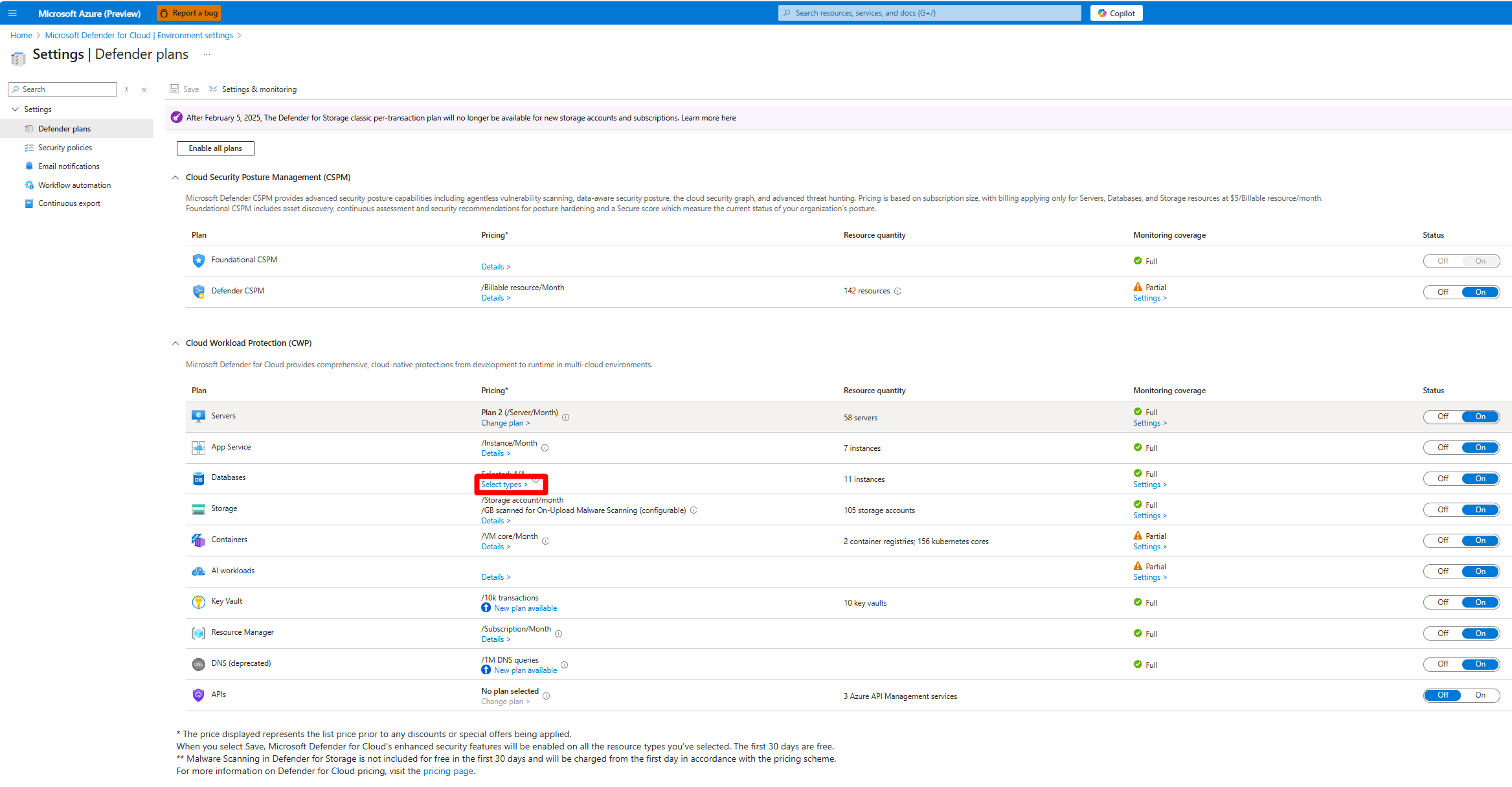 Screenshot that shows you where to select types on the Defender plans page.