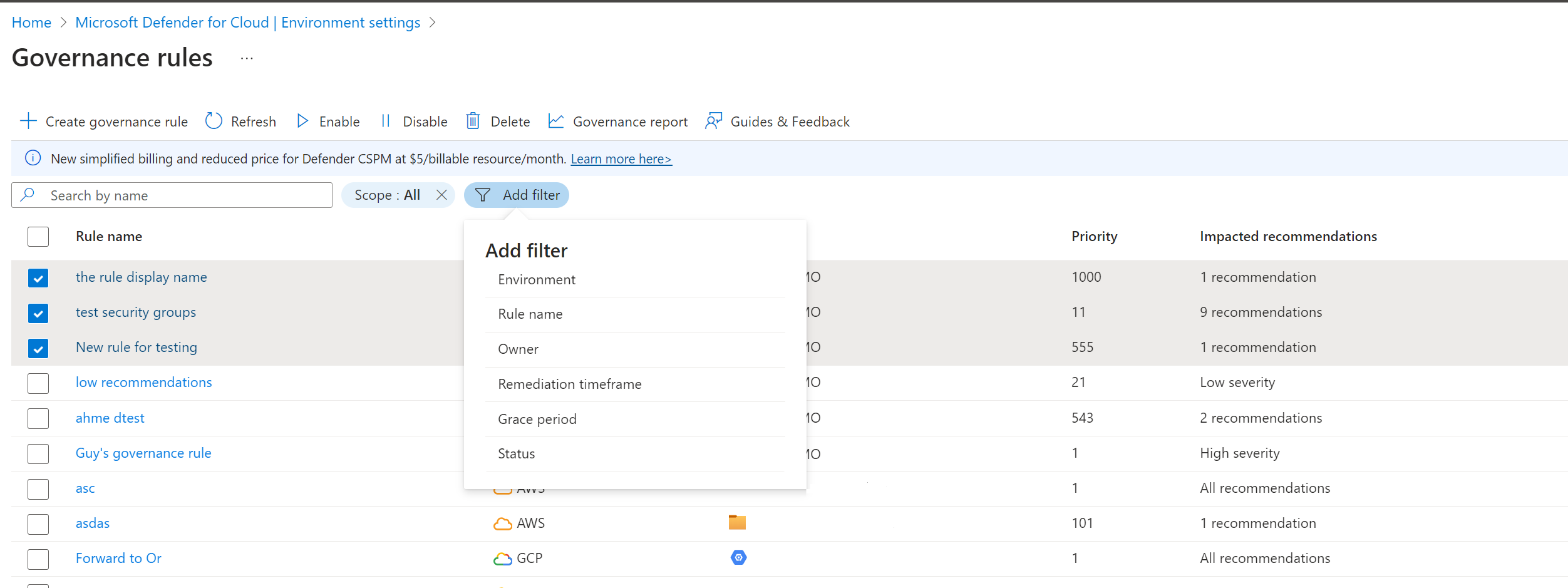 Screenshot of page for viewing and filtering rules.