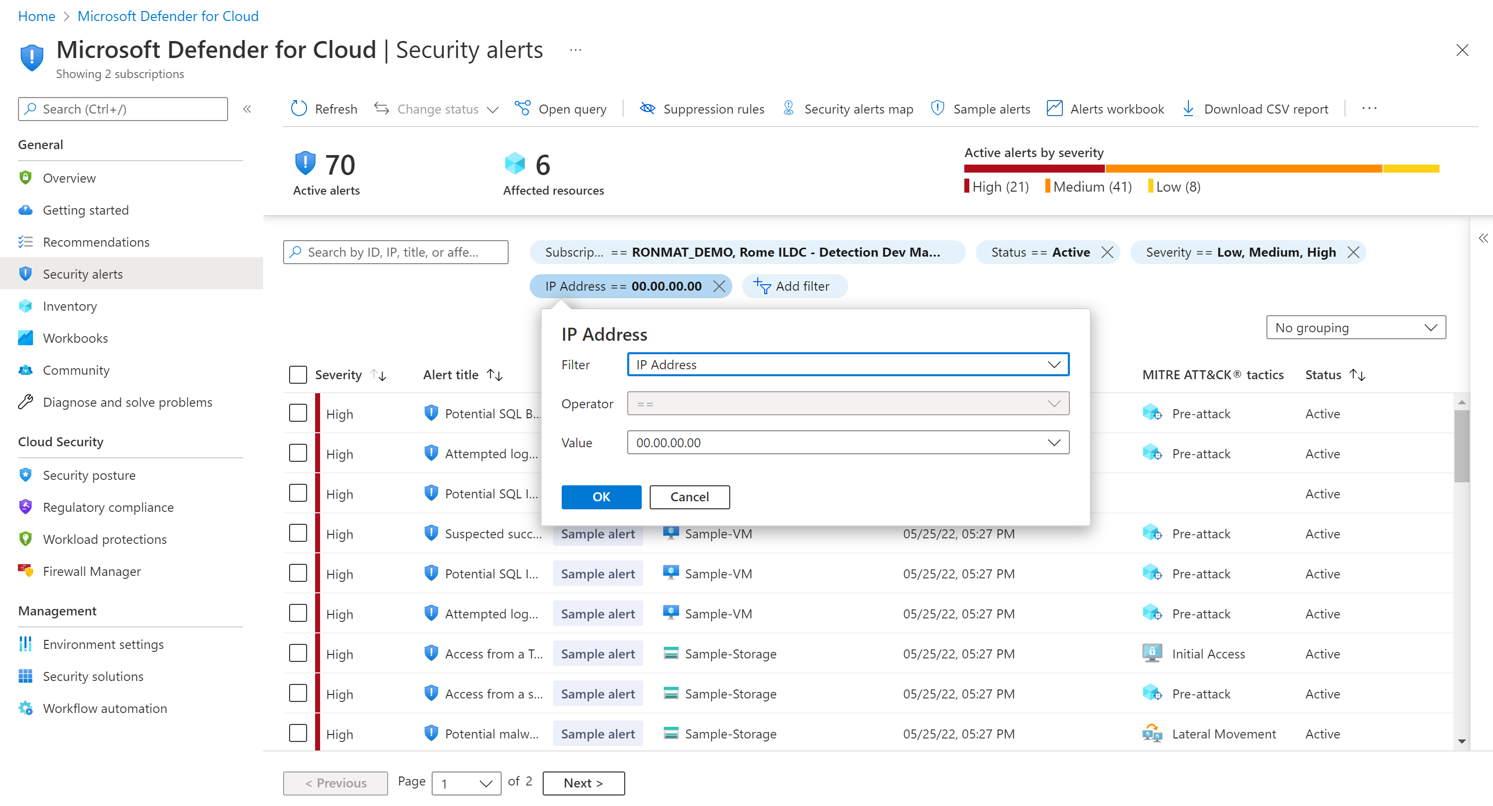 Screenshot of filter for I P address in Defender for Cloud alerts.