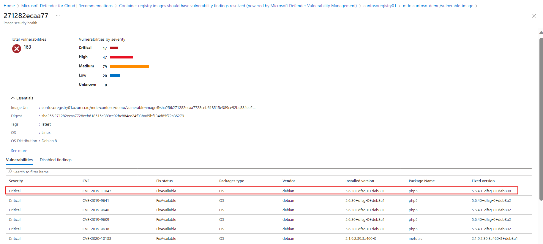 Screenshot showing the list of findings on the specific image.