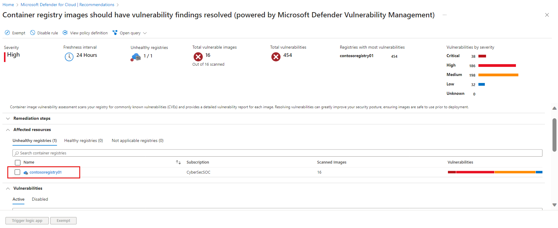 Screenshot showing the recommendation details and affected registries.