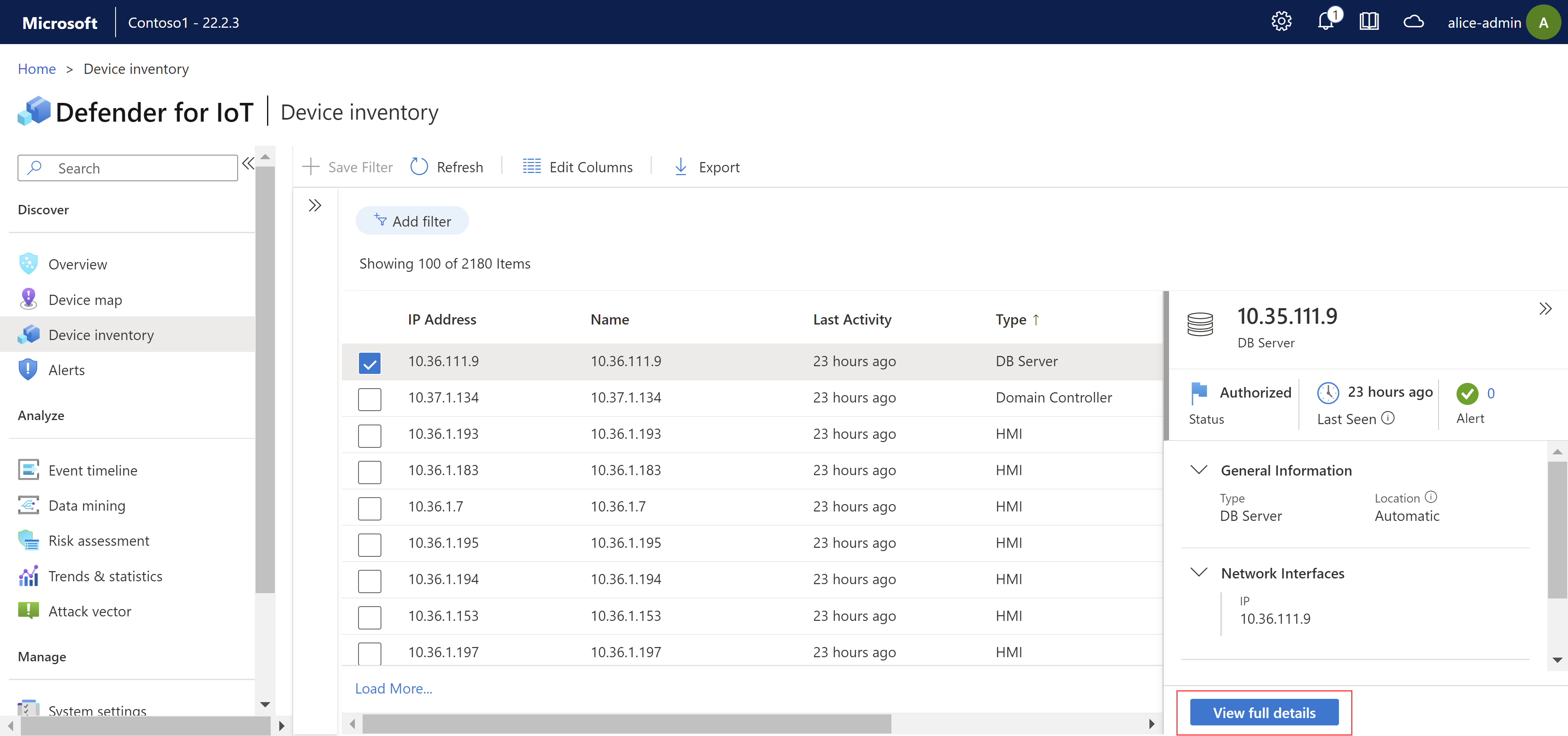 Screenshot of the Device inventory page on an OT sensor console.