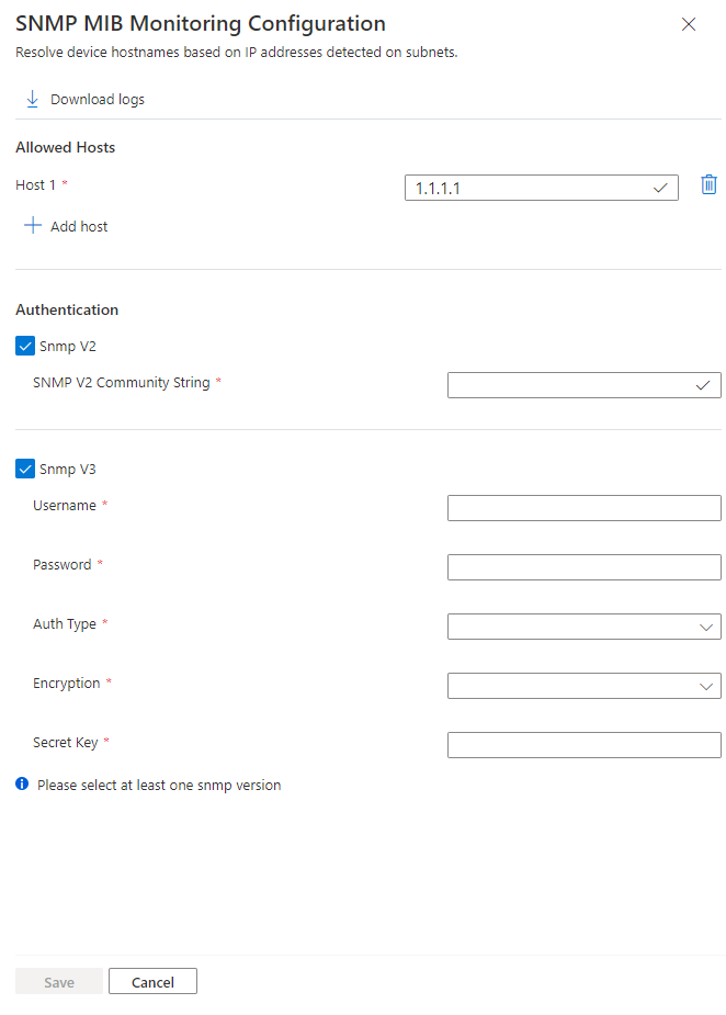 Screenshot of the SNMP MIB monitoring configuration page.
