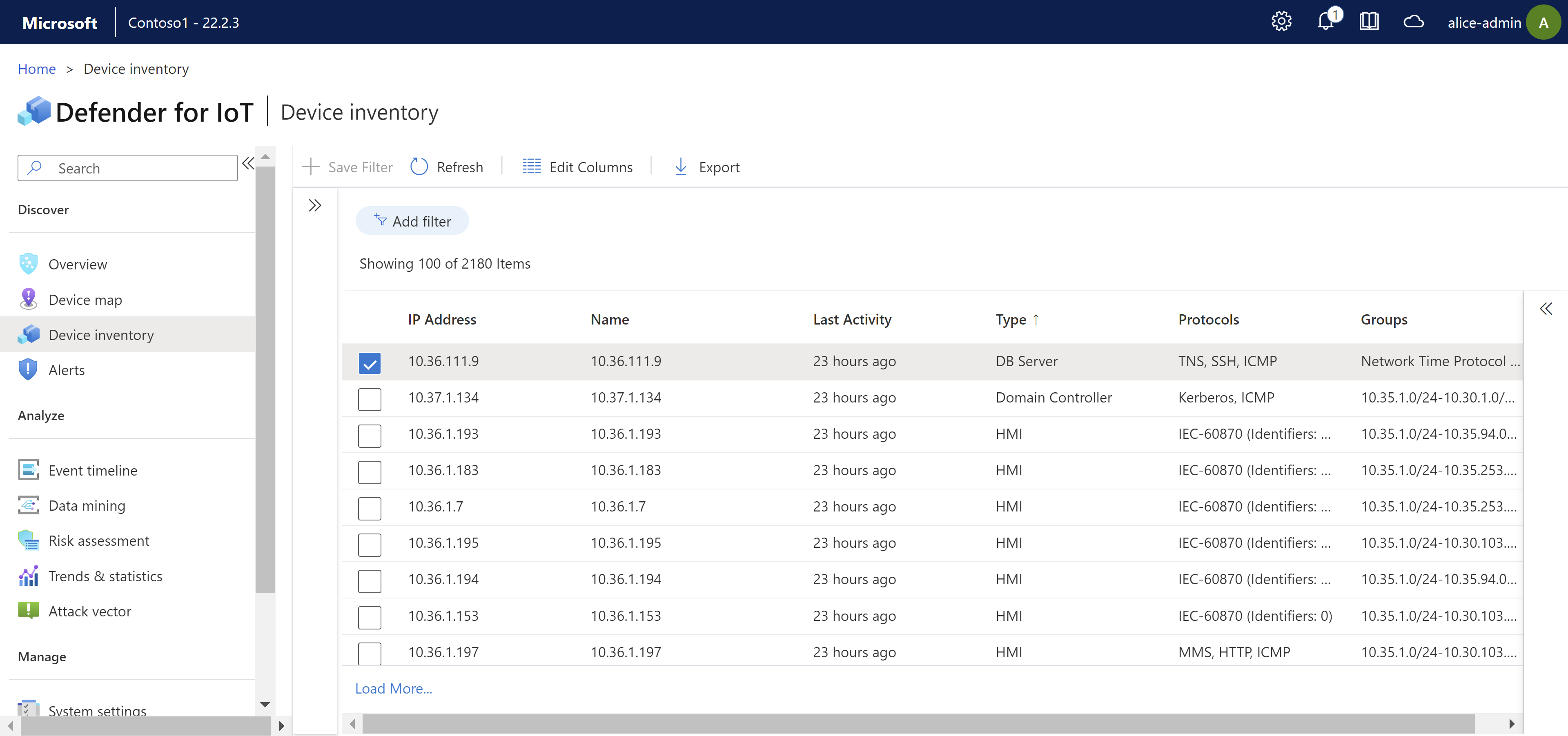 Screenshot of the sensor console's Device inventory page.