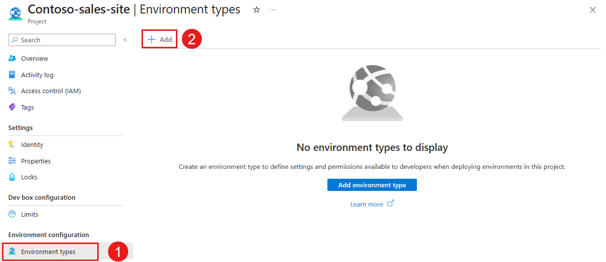 Screenshot that shows the Environment types pane.