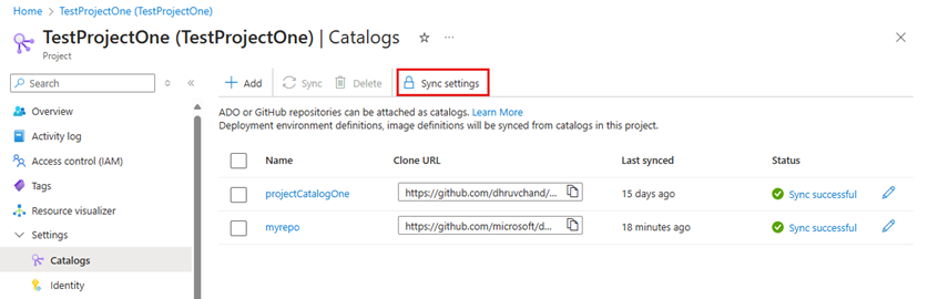 Screenshot that shows the Catalogs pane in the Azure portal, with the button for sync settings highlighted.