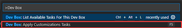 Screenshot showing the Visual Studio Code command palette with the 'Dev Box: Apply Customizations Tasks' option selected.