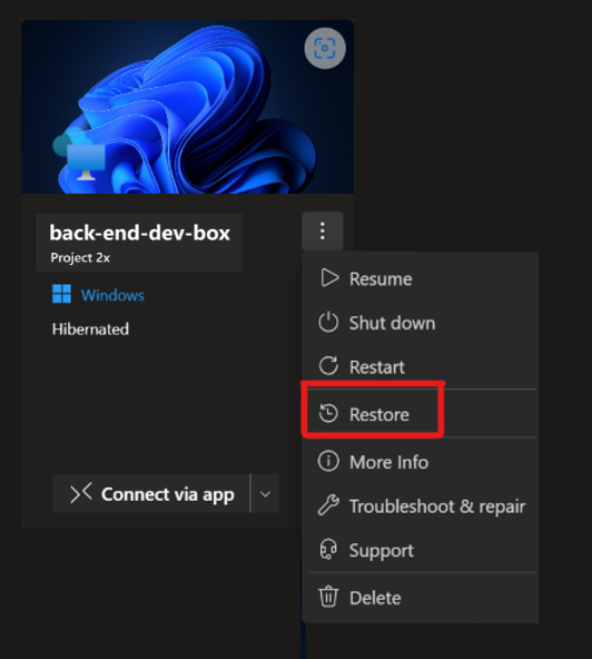 Screenshot of the developer portal, showing the actions menu for a dev box with the Restore option highlighted.