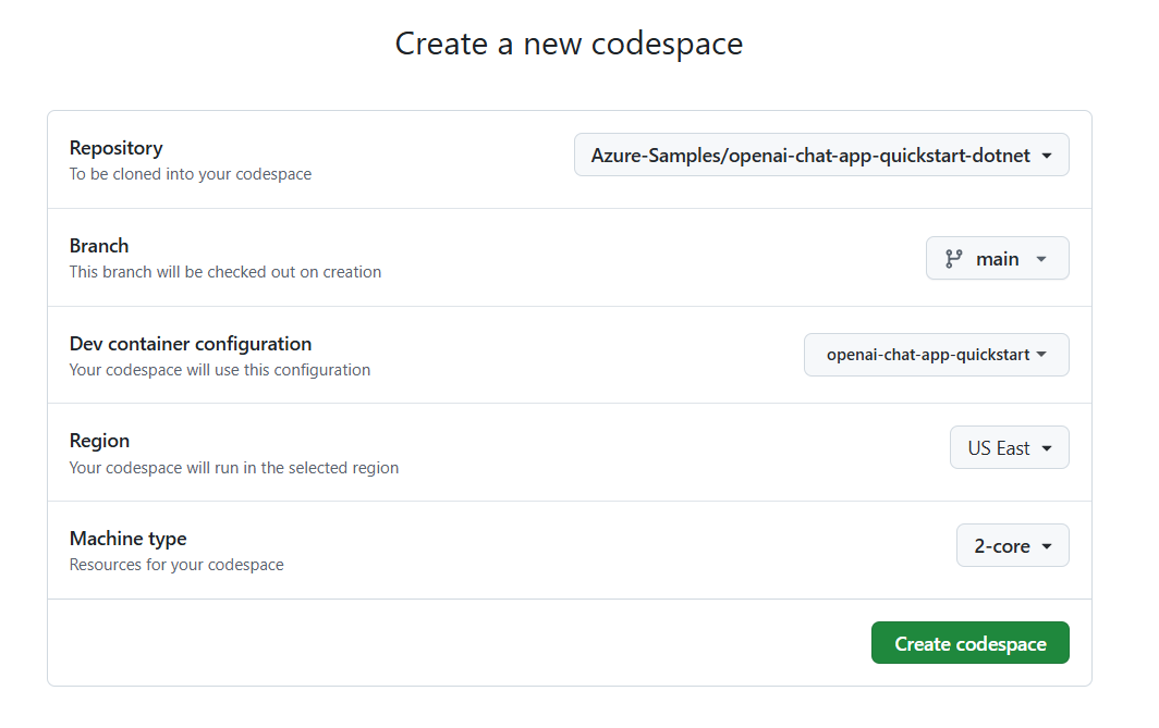 Screenshot of the confirmation screen before creating a new codespace.