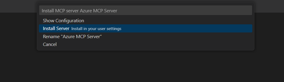 A screenshot showing Azure MCP Server installation options.