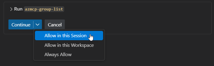 A screenshot showing the options available to run Azure MCP Server operations.