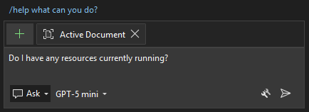 Screenshot that shows an example prompt typed into the chat area in Visual Studio 2022.