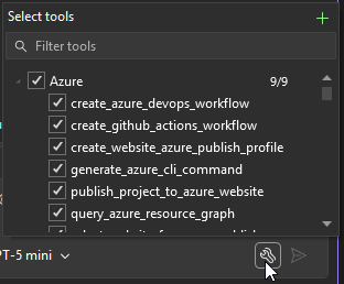Screenshot of chat pane with the select tools button clicked in Visual Studio 2026.