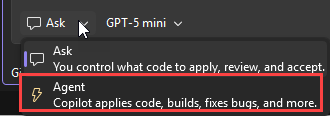 Screenshot that shows the mode menu in the chat area in Visual Studio 2026.