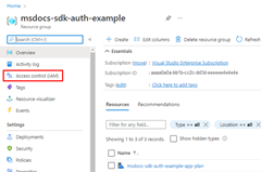 A screenshot of the resource group page showing the ___location of the Access control (IAM) menu item.