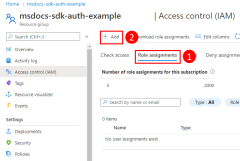 A screenshot showing how to navigate to the role assignments tab and the ___location of the button used to add role assignments to a resource group.