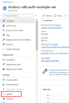 A screenshot showing the ___location of the Identity menu item in the left-hand menu for an Azure resource.