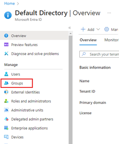 A screenshot showing the ___location of the Groups menu item in the left-hand menu of the Microsoft Entra ID Default Directory page.