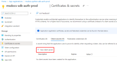 A screenshot showing the ___location of the link to use to create a new client secret on the certificates and secrets page.