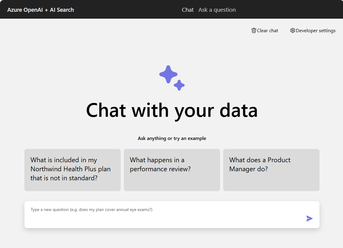 Screenshot of the chat app showing several suggestions for chat input and the chat text box to enter a question.