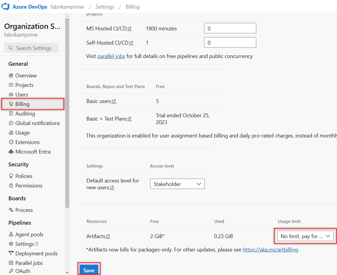 A screenshot displaying how to increase Artifacts storage limit.
