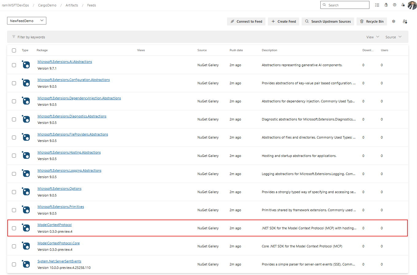 A screenshot displaying the MCP package saved to the feed.