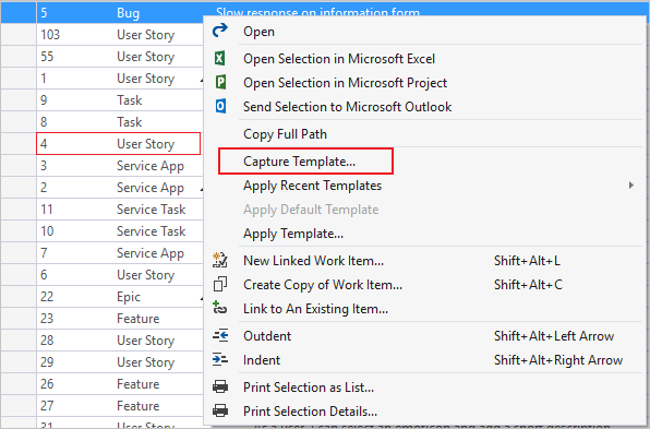 Screenshot that shows how to capture work item field definitions as a template in Visual Studio with Power Tools.