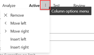 Screenshot shows the column options menu in Configure board settings.