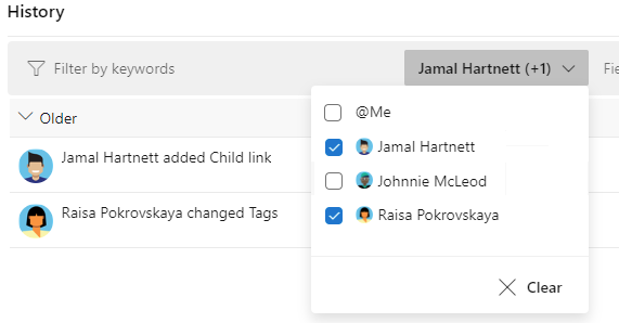 Screenshot of Work item form, History tab, Filter by who made updates.
