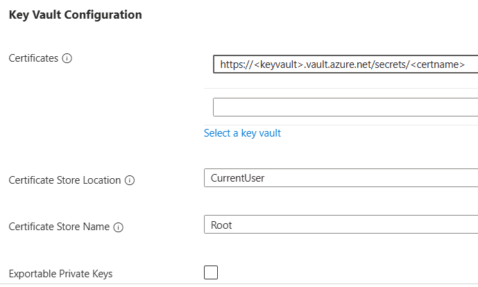 Screenshot of configuring Key Vault certificates.