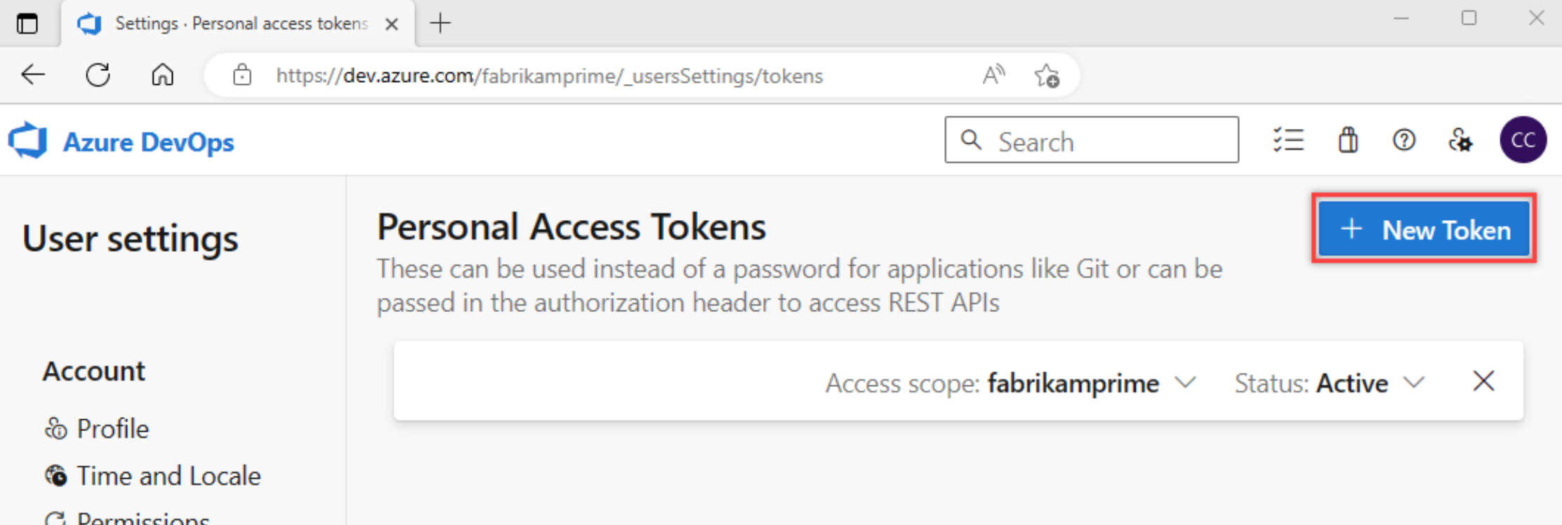 Screenshot that shows selecting New Token.
