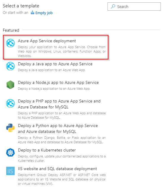 Screenshot of Azure App Service template.