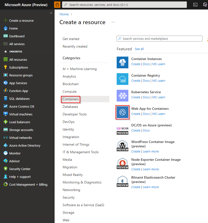 Screenshot of creating a web app for containers resource.