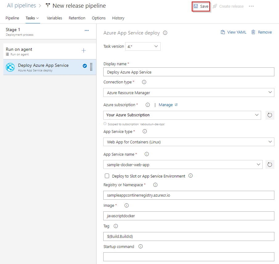 Screenshot of deploy Azure App Service task.
