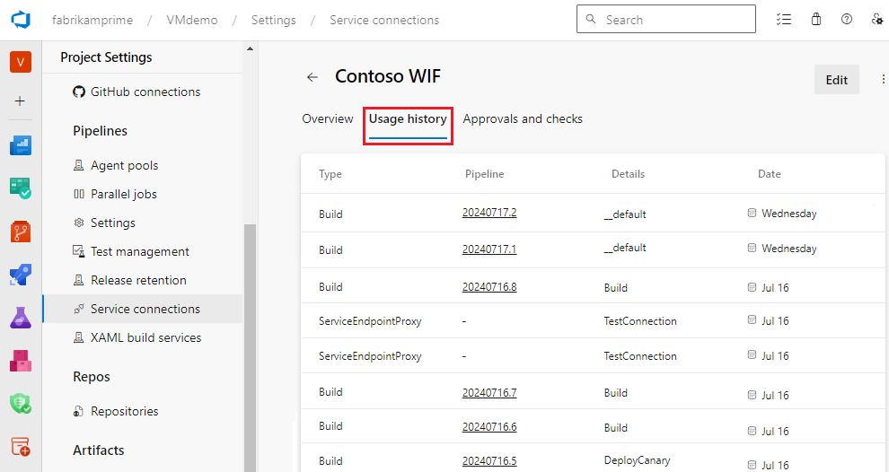 Screenshot of Azure Resource Manager usage history.
