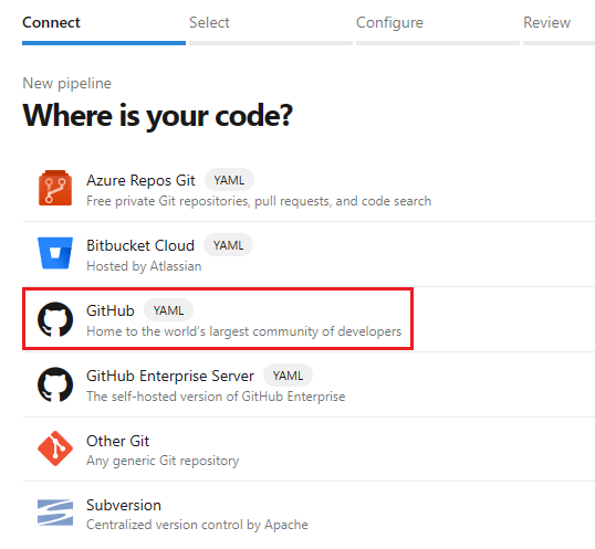 Screenshot of select GitHub as the ___location of your code.