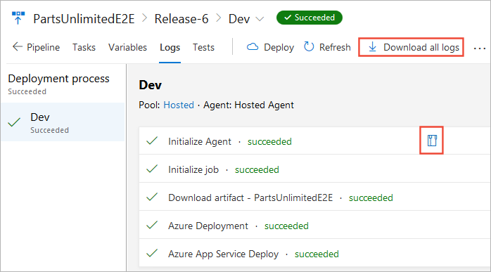 A screenshot displaying deployment logs in a Classic release pipeline.
