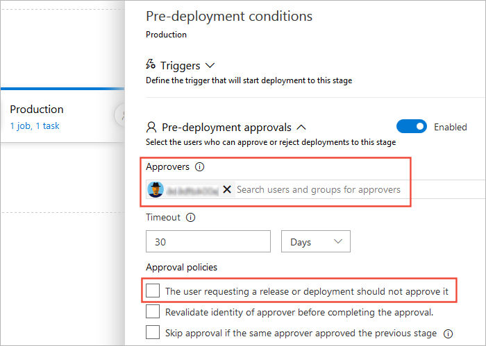 A screenshot displaying how to add pre-deployment approvers in a Classic release pipeline.