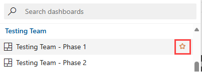 Screenshot of the dashboard selector. Next to the name of a dashboard, a star is visible and is highlighted.