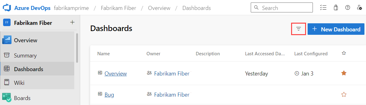 Screenshot of the dashboard directory. The filter icon is highlighted.