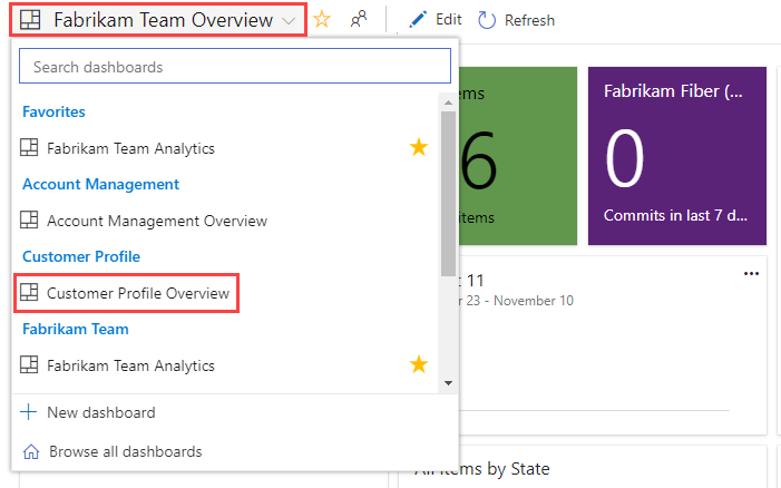 Screenshot of a dashboard. The dashboard name is highlighted, and the selector is open. A dashboard in the selector list is highlighted.