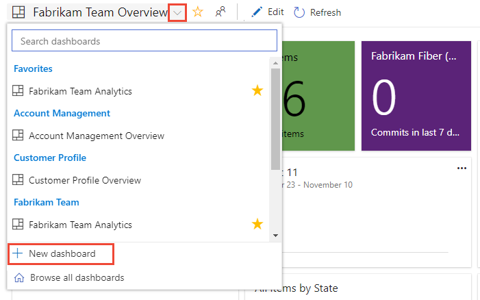 Screenshot of a dashboard. Next to its name, the down arrow is highlighted. In the expanded selector, New dashboard is highlighted.