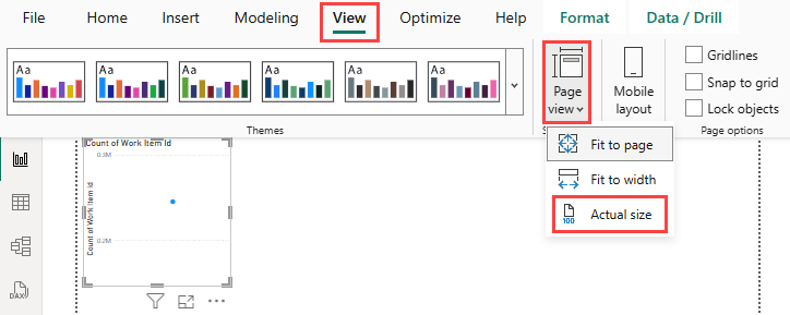 Screenshot of a Power BI Desktop report with a line chart. The View menu, Page view, and Actual size on the Page view menu are highlighted.