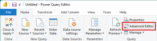 Screenshot of the Power BI Power Query Editor. On the ribbon, in the Query group, Advanced Editor is highlighted.
