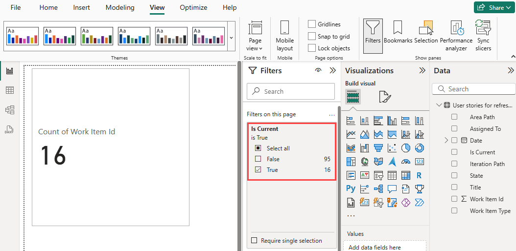 Screenshot of a card visual that displays a count of 16. In the Filters pane, the Is Current filter is highlighted, and True is selected.