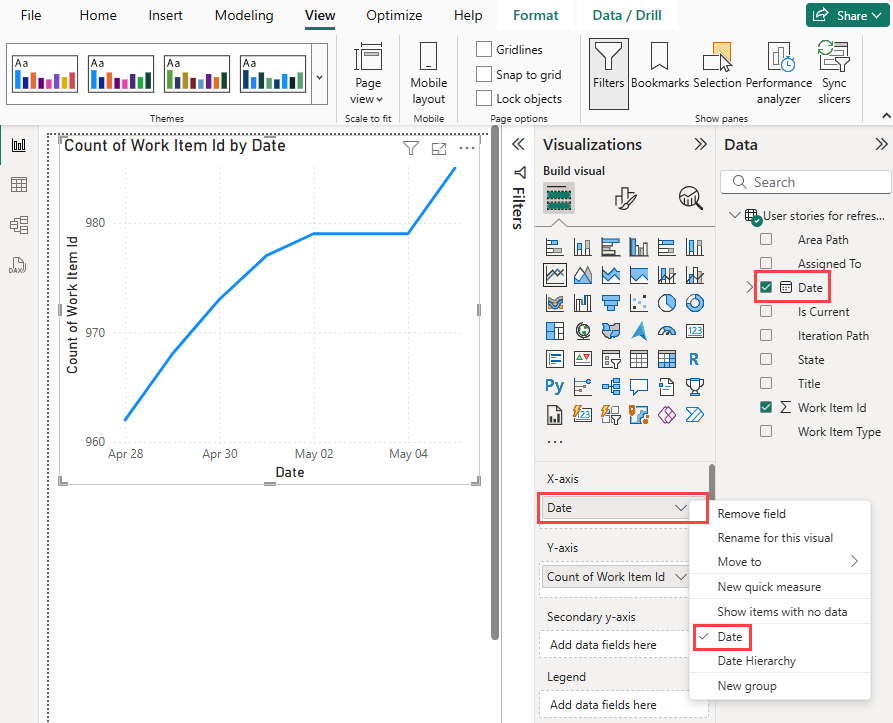 Screenshot of a line chart. The Date data and field are highlighted. In the Date field shortcut menu, Date is selected and highlighted.