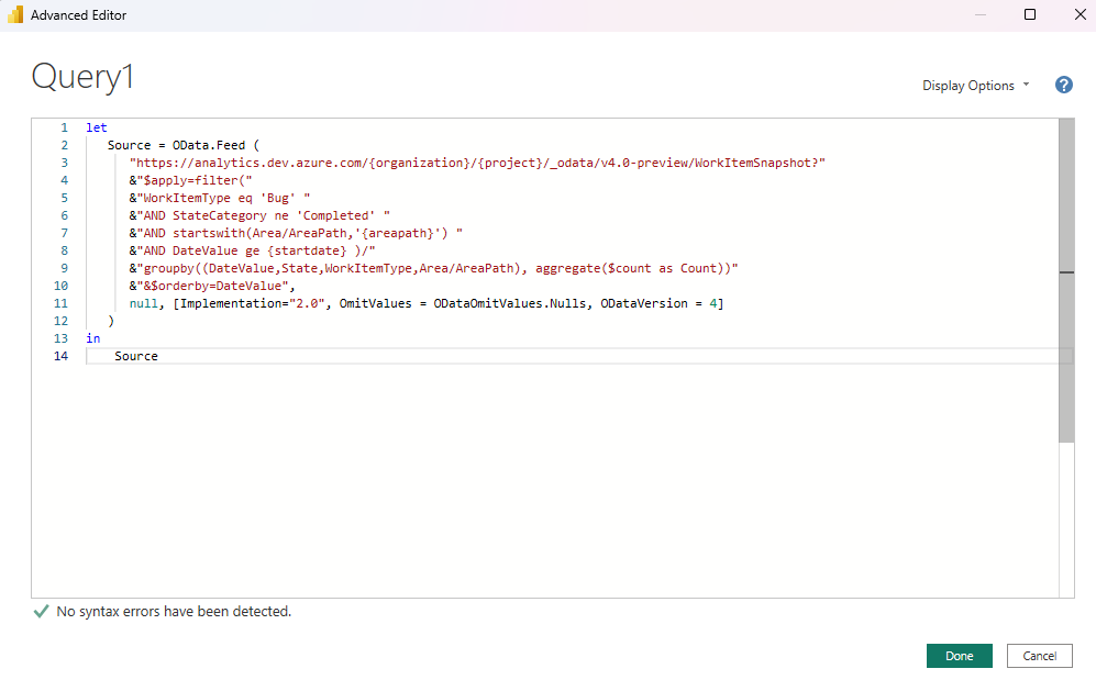 Screenshot of the Advanced Editor window in Power BI. The query field contains a query for bugs. The query syntax includes placeholders.
