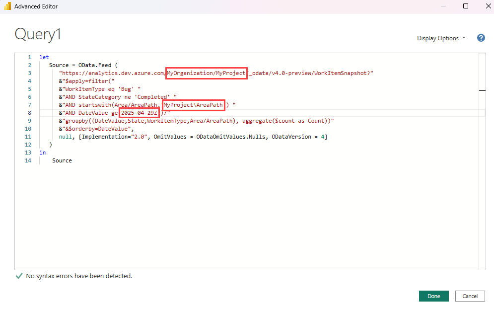 Screenshot of the Advanced Editor window. The organization, project, area path, and start date use actual values and are highlighted.