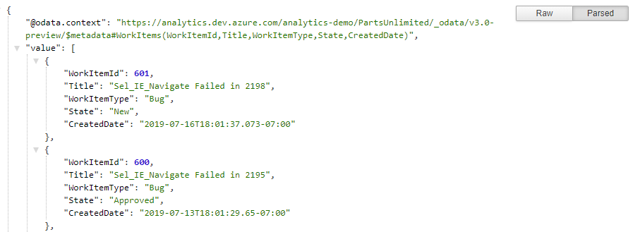 Screenshot of a browser that shows the JSON output of the OData query displayed in a readable format.